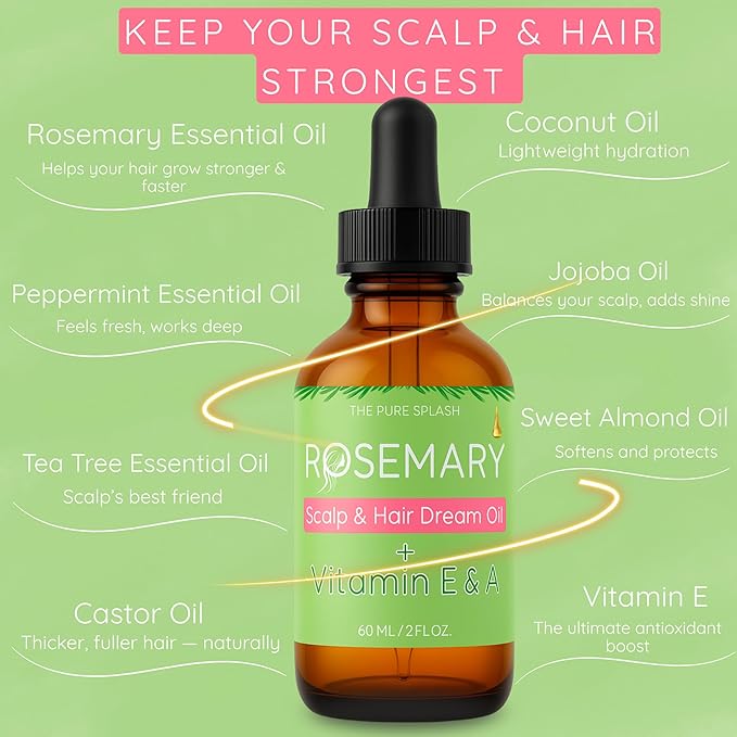 Rosemary Scalp & Hair Dream Oil – Natural Hair Growth & Scalp Care with Peppermint, Vitamin E & A – Lightweight Herbal Blend for Daily Use – 2 fl oz