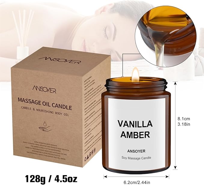Massage Oil Candle, Romantic Gift SPA Use Home Scented Candle Body Oil, Ultra Hydrating Body Care with Soybean Oil, 4.5oz (Vanilla Amber)
