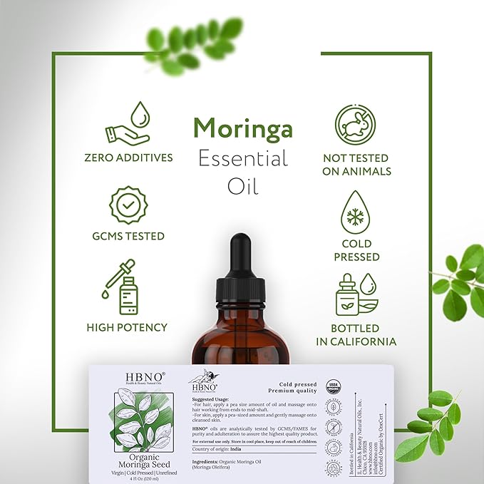 HBNO California Bottled Organic Moringa Oil 4 fl oz (120ml) Value Size - USDA Certified Organic Moringa Oil, Cold Pressed Carrier Oil for Face, Body, Lips, Nails, Shampoo & Conditioner