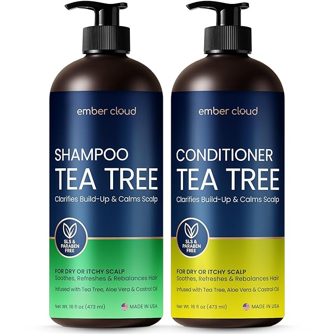 Tea Tree Rosemary Shampoo and Conditioner Set with Castor Oil for All Hair Types - Effective Cleanse and Supports Scalp Health for Women & Men Paraben & Sulfate Free (16 Oz Each)