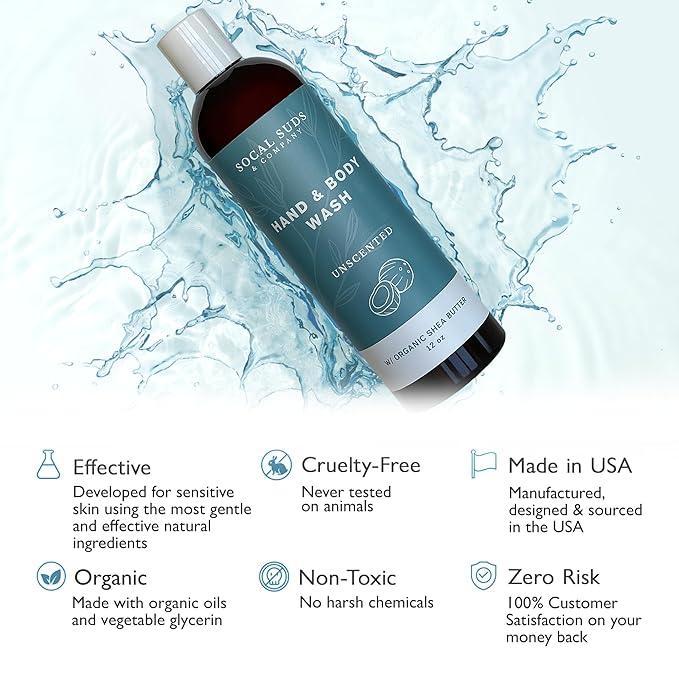 SoCal Suds & Company Organic Shea Butter Body Wash – Fragrance Free Liquid Soap for Hand & Body, Moisturizing Shower Gel, Body Wash for Women, Men & Unisex, Gentle Skin Care & Protection - (12oz)