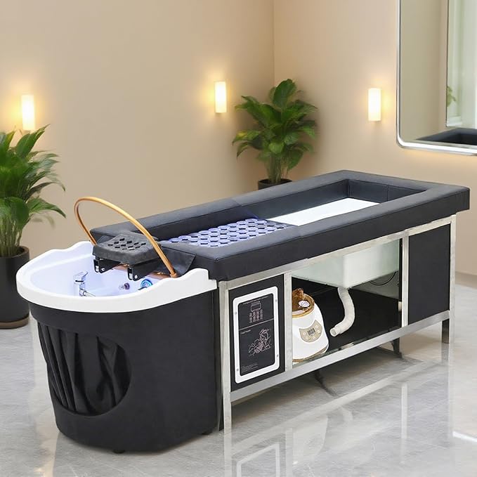 Head Spa Bed with Moxibustion & Heated Gua Sha Panels & Footbath, Massage Table Shampoo Bed Headspa Equipment with Fumigation and Water Cycle Hair Care (Foot Basin & Moxibustion)