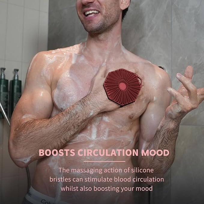 iTokGoK® Premium Silver-Infused Double-Sided Design 2-in-1 Silicone Body Brush Scrubber,Body Buffer Scrubber for Sensitive Skin, Ergonomic No-Slip Handle, Long-Lasting & Easy to Clean - Burgundy