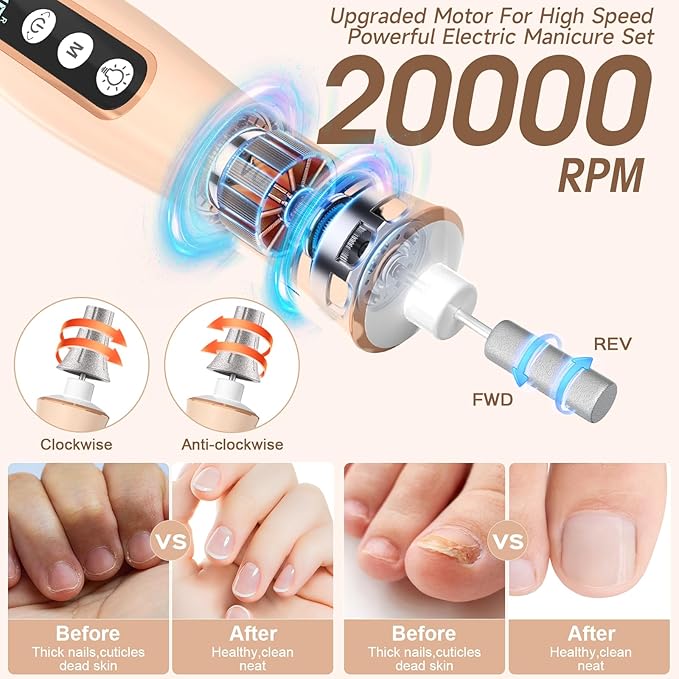 Professional Manicure Pedicure Kit, Cordless Electric Nail Drill with 360° LED Light&10 Speeds&Memory Mode, Pedicure Tools for feet, Hand Foot Care Nail Drill for Thick Nail Toenail Cuticle, Pink