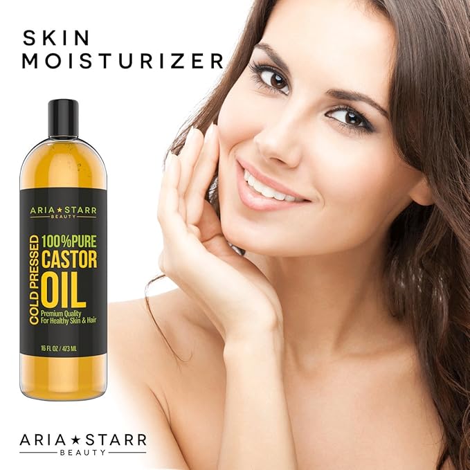 Aria Starr Castor Oil Cold Pressed - 16 FL OZ - 100% Pure Hair Oil For Hair Growth, Face, Skin Moisturizer, Scalp, Thicker Eyebrows And Eyelashes