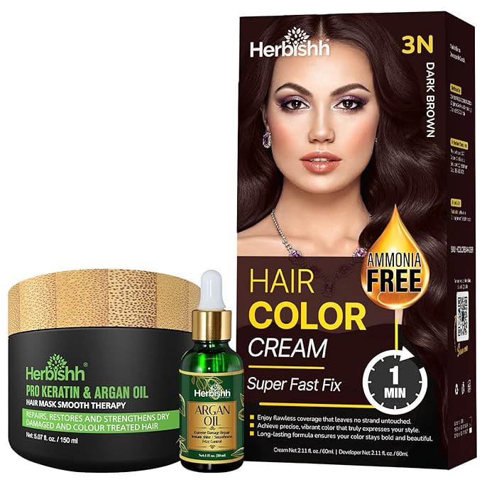 Dark Brown Rapid Infusion Hair Color Cream, Permanent Hair Dye in One Minute with Comb Applicator, Argan Hair Oil 1FL Oz and Argan Oil Deep Conditioning Hair Mask 5.07 FL OZ Combo Pack