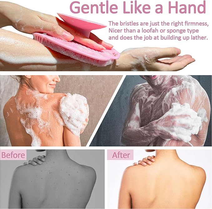 Soft Silicone Body Scrubber, Gentle Like a Hand Exfoliating Your Skin and Build Up Lather, Back Large Suction Cup Easy to Store, & Deep Clean (Body Scrubber + Face Scrubber Pink)