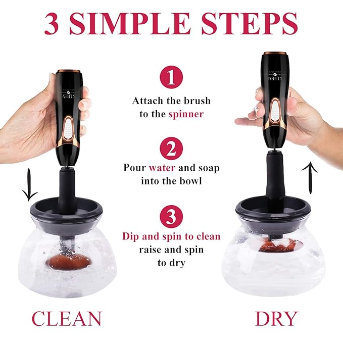 Kleem Organics Electric Makeup Brush Cleaner Machine with FREE Makeup Cleaner Shampoo - Automatic Cleaning, Spinning Dryer, Black, Dual-fiber Bristles, For Eyeshadow, Foundation