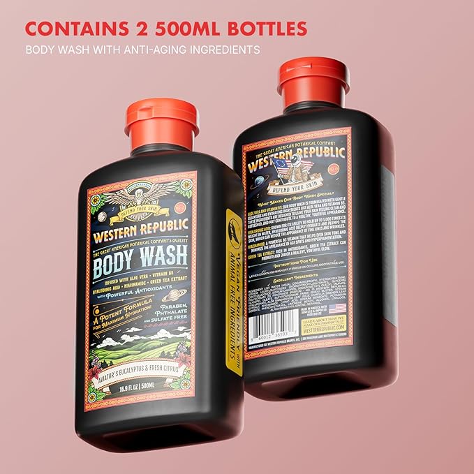 Men's Body Wash | Aviator's Eucalyptus & Fresh Citrus Scent | Hydrating & Anti-Aging Formula with Aloe, Niacinamide & Hyaluronic Acid (2 Pack) | Made in USA