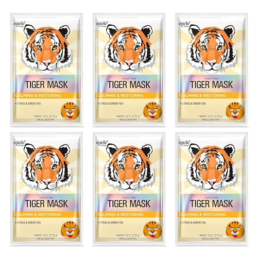 Epielle Animal Character Sheet Masks Tiger 6 Pack, Calming & Restoring Face Mask Skincare Set with Citrus & Green Tea, Girls Spa Party Favors, Sleepover, Self Care Gifts for Women, Korean Skin Care