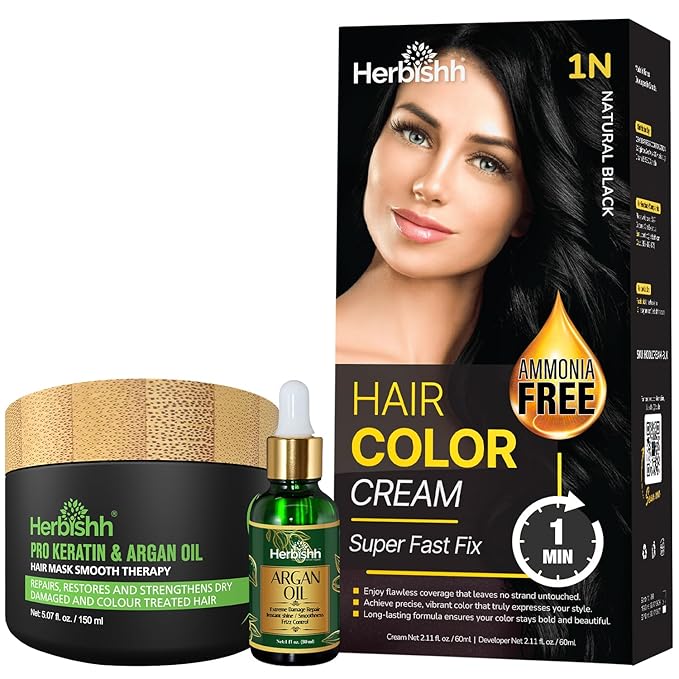 Black Rapid Infusion Hair Color Cream, Permanent Hair Dye in One Minute with Comb Applicator, Argan Hair Oil 1FL Oz and Argan Oil Deep Conditioning Hair Mask 5.07 FL OZ Combo Pack