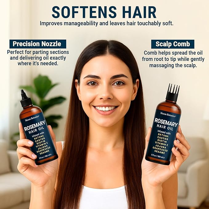 Nexon Botanics Rosemary Oil for Hair Growth 6 fl oz - Natural Scalp and Hair Oil with Batana, Castor, Biotin, Vitamin E, Grapeseed, Jojoba, Sesame - Aceite de Romero y Batana