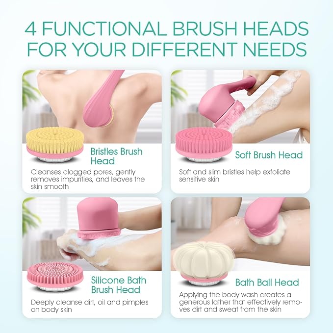 VOYOR Electric Body Brush Back Scrubber Silicone Body Scrubber Two-Way Rotating Brush Head for Deep Cleaning, Exfoliation, 4 Attachments Long Handle IPX6 Rechargeable Shower Brush BC300 (Pink)