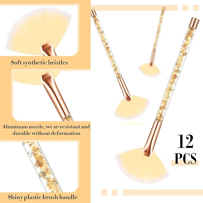 12 Pcs Fan Brushes for Facial Mask Brushes with Glitter Quicksand Handle Cosmetic Facial Fan Brush Soft Facial Mask Brush Applicator Facial Peel Applicator Face Mask Tools with Pouch (Gold)