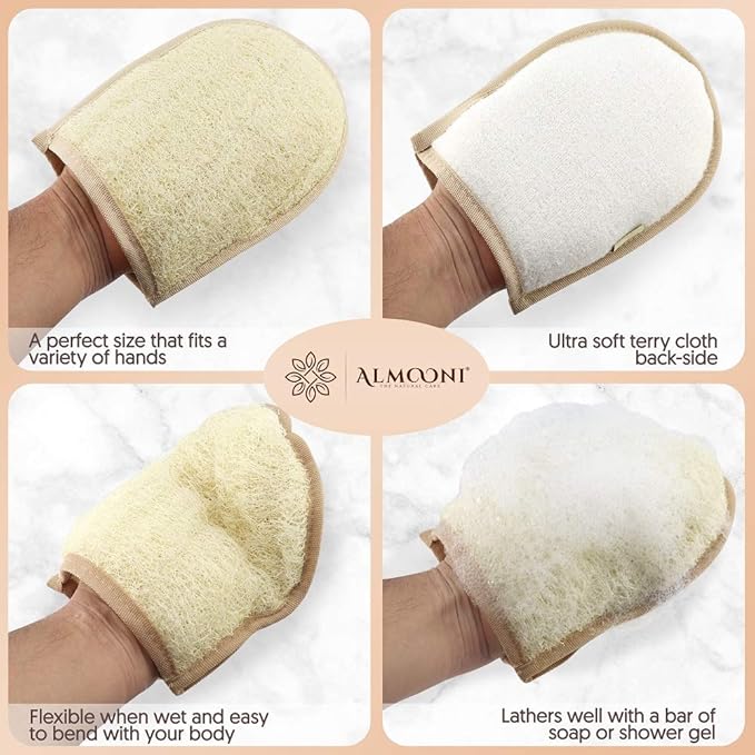 Premium Exfoliating Loofah Glove Pad Body Scrubber. Our Mitt Gloves are Made of Natural Egyptian Shower Loufa Sponge That Gets You Clean, Not Just Spreading Soap (2 Pack)