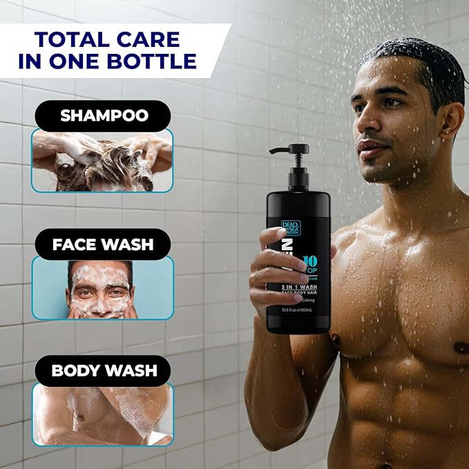 Dead Sea Collection Mens Body Wash 3 in 1 – TOP 10 ACTIVE Body Wash for Men – Shower Gel – Shampoo – Shower Soap for Face and Hair (33.8 Fl. Oz)