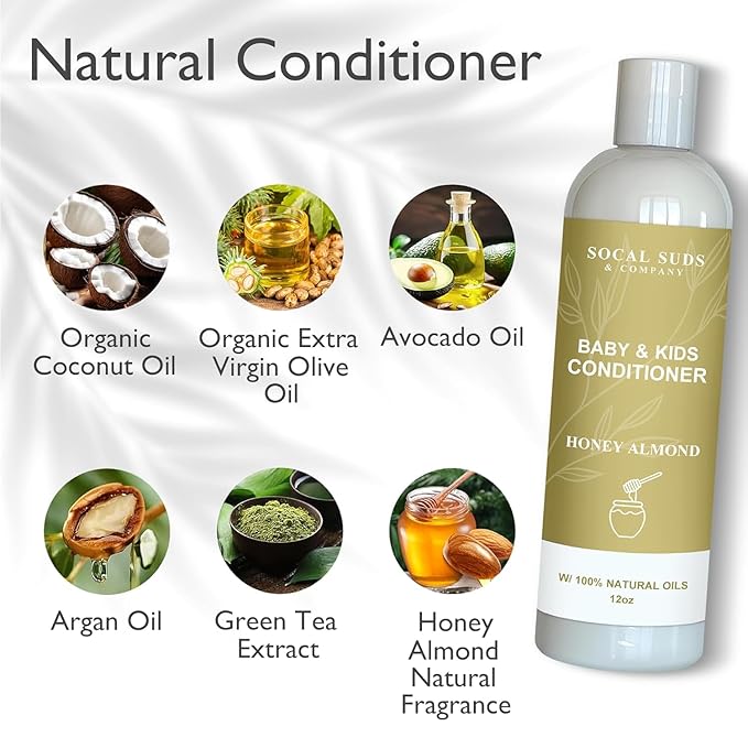 SoCal Suds & Company - Organic Baby & Kids Conditioner - Gentle Natural Vitamin Rich Ingredient Organic Oils for Babies and Kids Sensitive Scalp - 12oz (12 Fl Oz (Pack of 2), Honey Almond)
