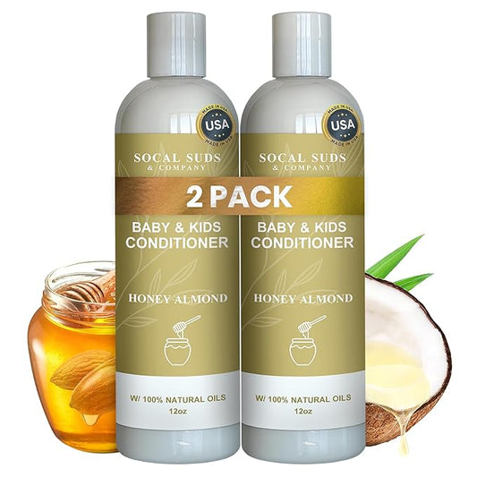 SoCal Suds & Company - Organic Baby & Kids Conditioner - Gentle Natural Vitamin Rich Ingredient Organic Oils for Babies and Kids Sensitive Scalp - 12oz (12 Fl Oz (Pack of 2), Honey Almond)