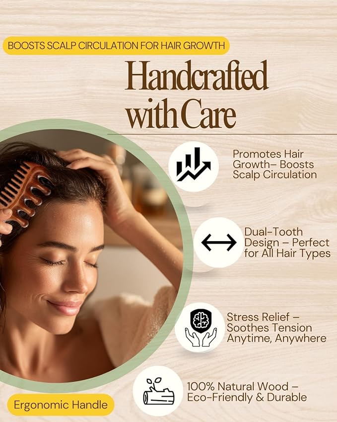 Wooden Scalp Massager Comb – Natural Wood Wide & Fine Tooth with Handle for Hair Growth, Scalp Care & Stress Relief – Detangling Tool for All Hair Types