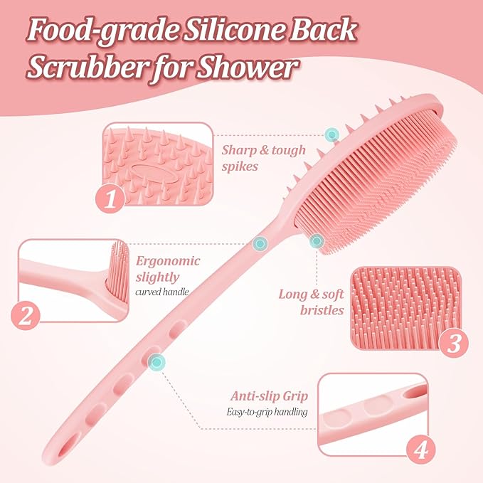 Silicone Back & Body & Face Scrubber Set 3PCS, Gentle Exfoliating Back & Body Scrubber with Dual-Side Brush Head, Hygienic Silicone Loofahs with Soft Bristle and Non-Slip Handle(Pink-3PC)
