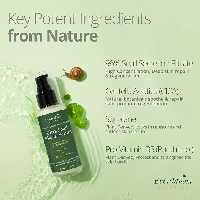 96% Snail Mucin Serum with Centella Asiatica & Squalane, Hydrating Serum for Dull Skin, Fine Lines & Acne Prone Sensitive Skin, CICA, Snail Secretion Filtrate, Korean Skincare Innovation, 3.38 oz