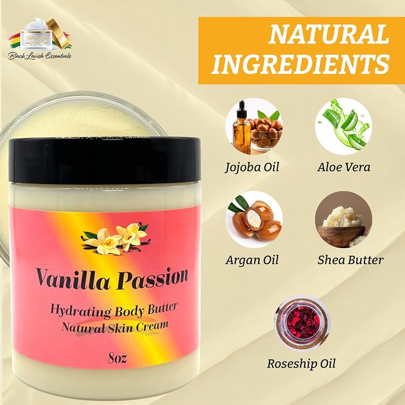 Ultra-Soft Shea Body Butter, Dry Skin Cream for Radiant Moisturized Skin, Natural Hydrating Body Lotion with Aloe Vera, Argan Oil, Rosehip Oil, (Vanilla Passion, 8oz)
