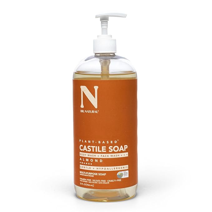 Dr. Natural Castile Liquid Soap - Multi-Use Body Wash, Shampoo and Face Wash - Hydrating Body Soap for Skin, Hair, Pets and Home - Almond - 946 ml