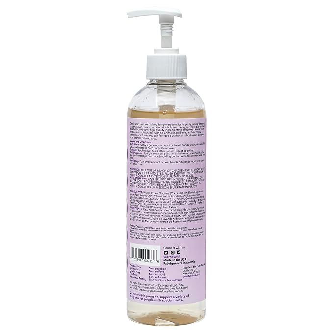 Dr. Natural Castile Liquid Soap - Multi-Use Body Wash, Shampoo and Face Wash - Hydrating Body Soap for Skin, Hair, Pets and Home - Lavender - 16 oz