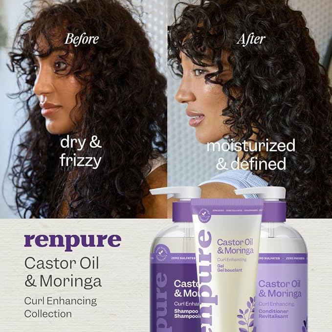 Renpure Castor Oil & Moringa Shampoo & Conditioner Set, Plant-Based - Curl Enhancing - Moisturized, Manageable & Frizz-Free Curls - Castor & Moringa Seed Oil - Wavy to Curly Hair-24 Fl Oz each,2 Pack