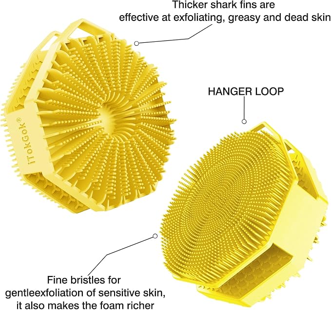 iTokGoK® Premium Silver-Infused Double-Sided Design 2-in-1 Silicone Body Scrubber for Men,Body Buffer Scrubber for Sensitive Skin, Ergonomic No-Slip Handle, Long-Lasting & Easy to Clean - Yellow