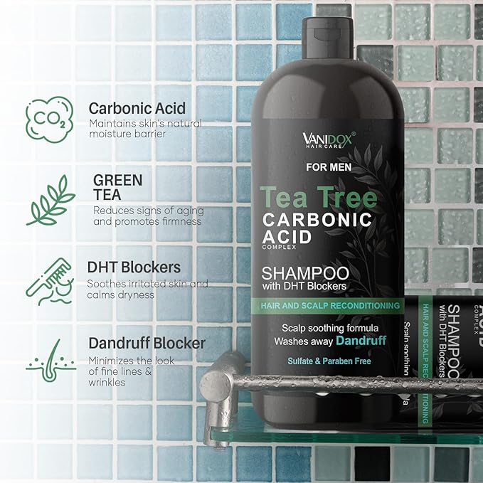 Tea Tree Shampoo with Organic Tea Tree Oil and Carbonic Acid - For Men's Itchy and Dry Scalp, Fights Hair Loss, Stimulates Growth - With DHT Blockers (16 FL Oz)