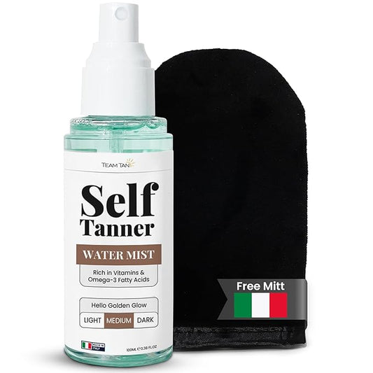 Team Tan Self Tanning Water - Vitamin Infused Self Tanner Mist for Hydrating Face and Body, Sunless Tanning Spray for Fake Tan, No Streaks, Orange Tints or Nasty Smell (Medium)