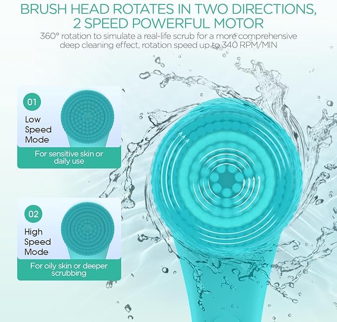 VOYOR Electric Body Brush Back Scrubber Silicone Body Scrubber Two-Way Rotating Brush Head for Deep Cleaning, Exfoliation, 4 Attachments Long Handle IPX6 Rechargeable Shower Brush BC300 (Blue)