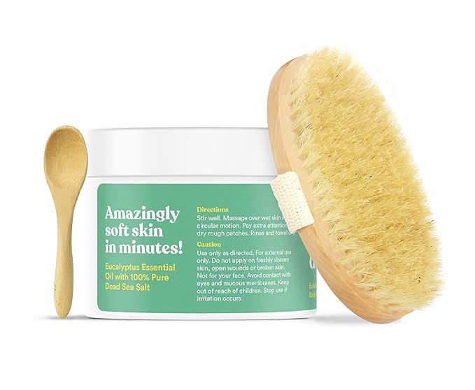 ASUTRA Dead Sea Salt Essential Oil Body Scrub Exfoliator and Dry Brush Bundle (Invigorating Eucalyptus), 16 oz - Ultra Hydrating, Gentle, & Moisturizing - Coconut, Eucalyptus, and Marjoram Oils