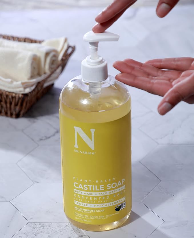 Dr. Natural Castile Liquid Soap - Multi-Use Body Wash, Shampoo and Face Wash - Body Soap for Skin, Hair, Pets and Home - Unscented Baby - 2 pc