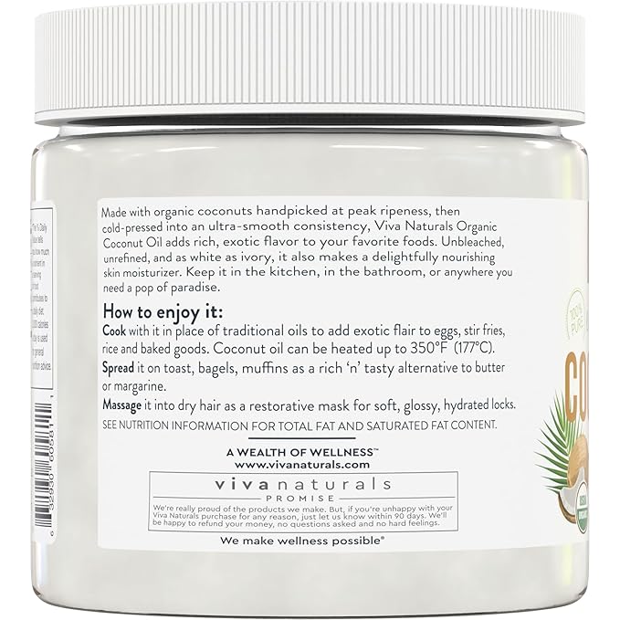 Viva Naturals Organic Coconut Oil - Unrefined, Cold-Pressed Extra Virgin Coconut Oil, USDA Organic and Non-GMO Cooking Oil, Great as Hair Oil and Skin Oil, 16 Fl Oz