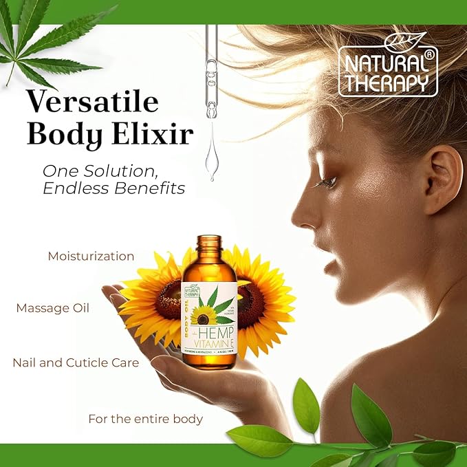 Natural Therapy Hemp & Vitamin E Body Oil – Moisturizing Body Oil – Hydrate & Soften Skin – Increase Skin Elasticity and Provide Anti-Aging Support (4 Fl.Oz)