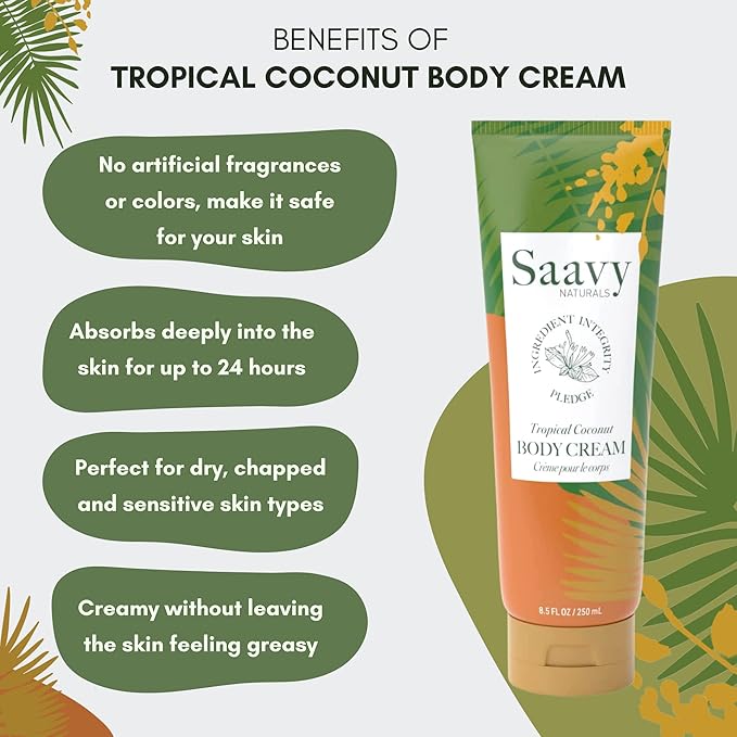 Saavy Naturals Body Cream Clean,Plant Based Ingredients - Made in USA, 2 Pack Tropical Coconut with Absorbent Shea Butter Vegan, Thick and Creamy, Naturally Scented Body Lotion for Dry Skin, 8.5 Oz.