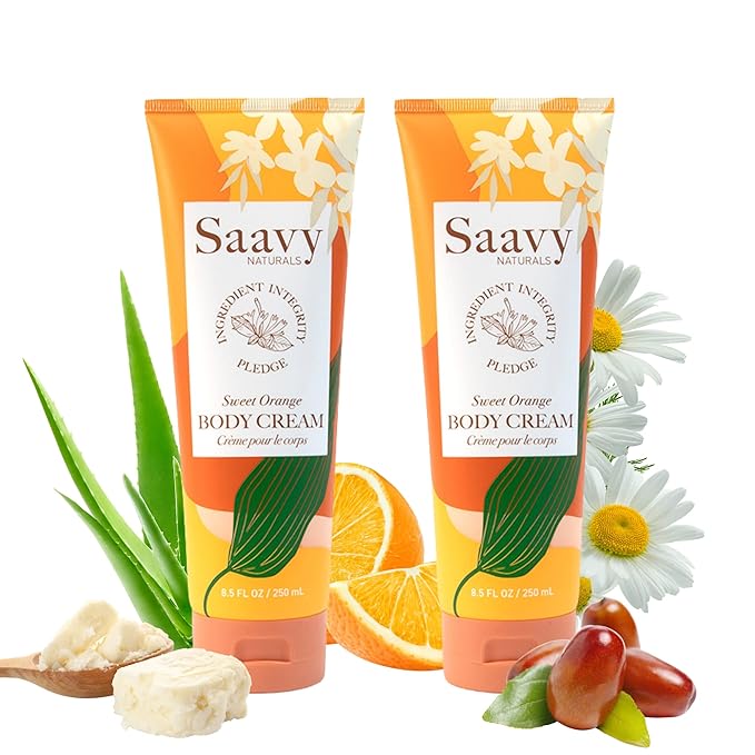 Saavy Naturals Sweet Orange Body Cream for Men & Women, Absorbent Shea Butter Vegan Formula, Thick and Creamy, Naturally Scented Body Lotion for Dry Skin, 8.5 Oz, 2 Pack. Made in the USA