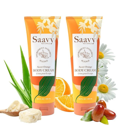Saavy Naturals Sweet Orange Body Cream for Men & Women, Absorbent Shea Butter Vegan Formula, Thick and Creamy, Naturally Scented Body Lotion for Dry Skin, 8.5 Oz, 2 Pack. Made in the USA