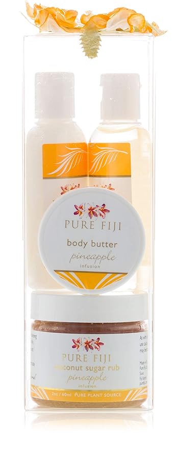 Pure Fiji Spa Box - Sugar Glow, Pineapple - 2 Oz. Exfoliating Scrub, 1 oz. Exotic Bath and Body Oil, 0,5 Oz. Body Butter and 1 Oz. Body Lotion