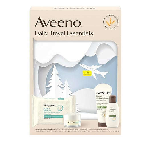 Aveeno Daily Travel Essentials Gift Set with Daily Moisturizing Lotion, Daily Moisturizing Body Wash, Calm + Restore Makeup Removing Wipes, & Calm + Restore Oat Gel Moisturizer, 4 items