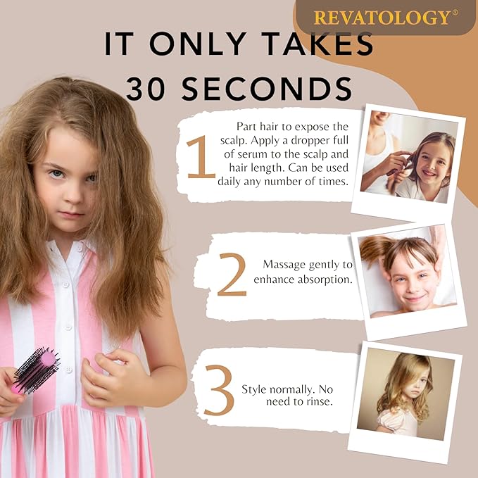 REVATOLOGY Kids Hair Growth & Conditioning Serum (Made in USA) Clinical Leave-in Formula with 30 botanicals for Scalp Care, anti-dandruff, anti-frizz for all hair types | Chemical & Cruelty free