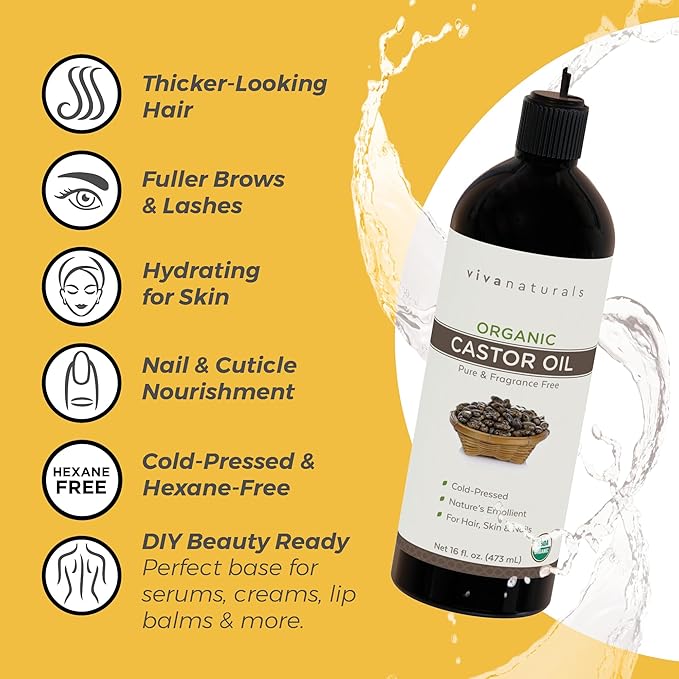 Viva Naturals Cold pressed Organic Castor Oil 16 fl oz - Castor Oil for Face, Eyelashes, Traditional Eyebrow Serum, Hair Oil - Certified Organic & Non-GMO