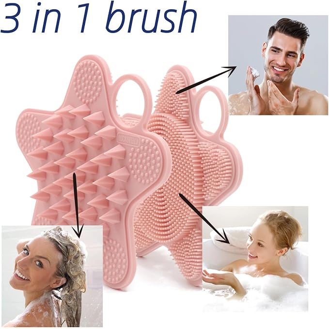 LUCKSTELLA 100% Silicone Dual-Sided Shower Brush – Star-Shaped Body Scrubber & Scalp Massager, Gentle for Hair & Skin (Pink)