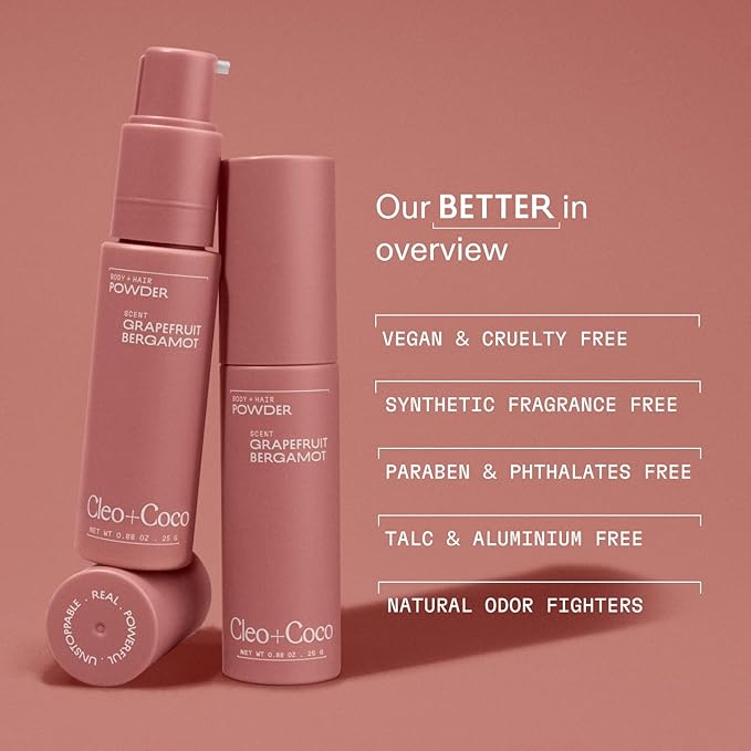 Cleo+Coco - Natural Dry Shampoo Powder - For Body & Hair for Women - Absorb Odor & Sweat - Essential Oils & Arrowroot Powder - Free of Talc & Parabens - PCR - Made in USA - Grapefruit Bergamot 0.88oz