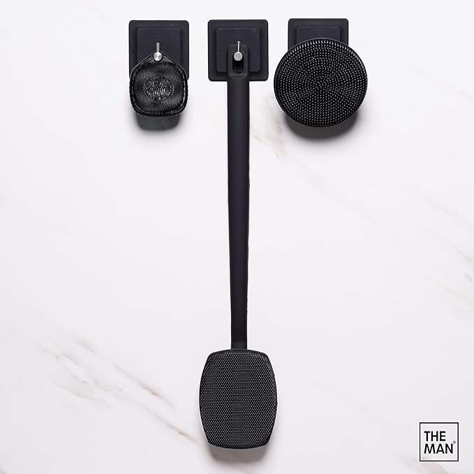 The Man Scrub Box - Silicone Back Scrubber, Face Scrubber & Body Scrubber Cleansing Brush for Men, Storage Hooks - Shower Bathroom Accessories for Men - Gifts for Him, Silicone Scrubbers Gift Box