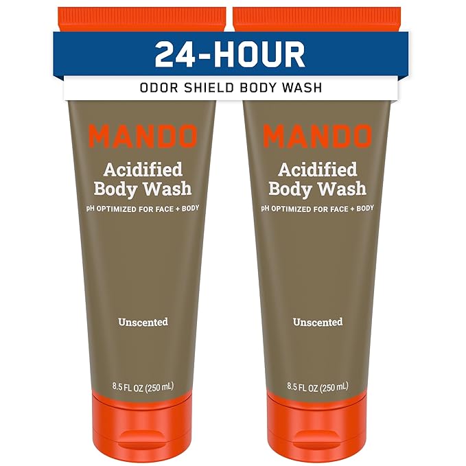 Mando Odor Shield Body Wash - 24 Hour Control - Removes Odor Better than Soap - SLS Free, Paraben Free, Skin Safe - 8.5 Ounce (Pack of 2) (Unscented)