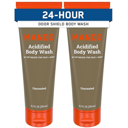 Mando Odor Shield Body Wash - 24 Hour Control - Removes Odor Better than Soap - SLS Free, Paraben Free, Skin Safe - 8.5 Ounce (Pack of 2) (Unscented)