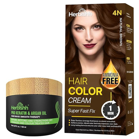 Natrual Brown Rapid Infusion Hair Color Cream, Permanent Hair Dye in One Minute with Comb Applicator and Argan Oil Deep Conditioning Hair Mask 5.07 FL OZ Combo Pack